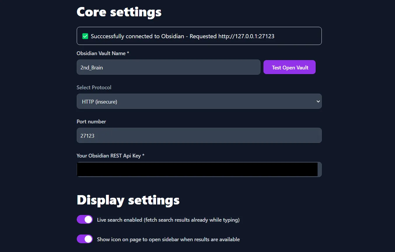 Screenshot of the Extension Options